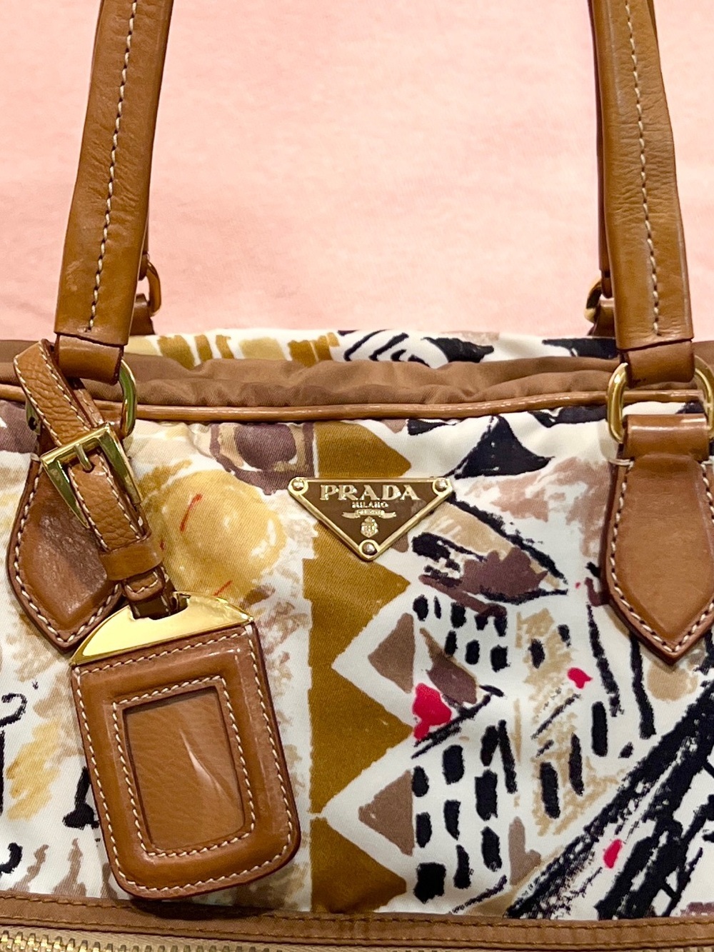 PRADA⭐️Bauletto! Multicolor Shoulder Bag with Brown Leather Trim. Offers!❤️